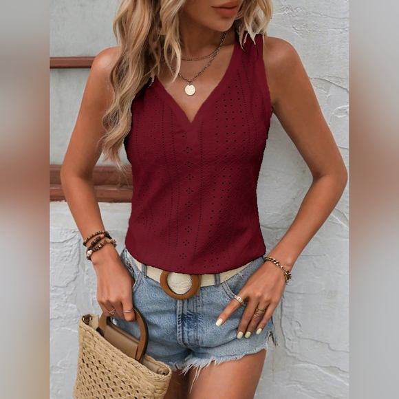 Eyelet V-Neck Wide Strap Tank Top. Hit The Like ♡ Button For SALE Price!! - Picture 2 of 4